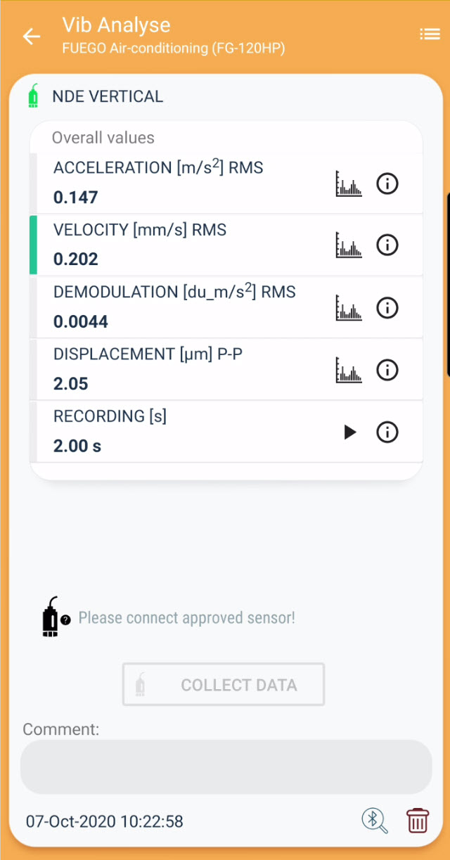 Overall readings screen with RMS values
